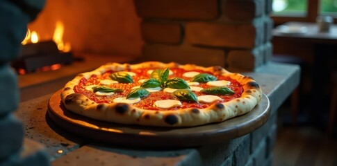 A freshly baked artisan pizza, with melted cheese and fresh basil, sits on a wooden board near a warm oven.