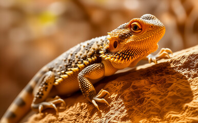 Obraz premium Bearded dragon on rock, perfect for lizard pets. Showcases spiky beard for desert reptile care.