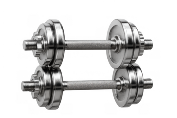 Chrome dumbbell for weight training reflecting on transparent background, fitness and strength concept
