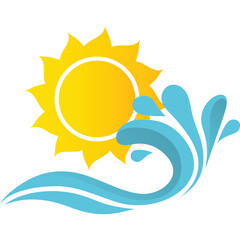 Bright Yellow Sun Shining Over Blue Wavy Water Splash with Transparent Background Symbolizing Summer and Vacation