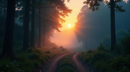 Obraz premium Serene Sunrise Path Through a Misty Woodland, Where Sunlight Illuminates a Winding Dirt Road