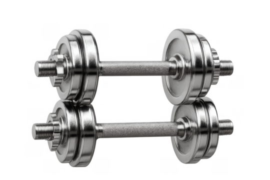 Chrome dumbbell for weight training reflecting on transparent background, fitness and strength concept