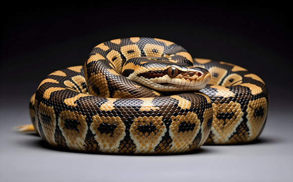 Coiled python snake, suited for exotic reptiles. Highlights patterned skin for terrarium danger visuals.