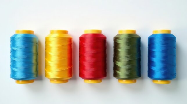 Vibrant spools of thread arranged in a neat row, showcasing a spectrum of colors perfect for crafting and sewing projects.