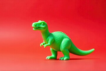 Fototapeta premium A vibrant green plastic dinosaur toy stands on a solid red background, a playful juxtaposition of color and form.