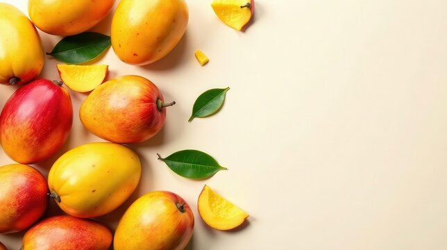 A vibrant arrangement of ripe mangoes, showcasing their rich hues and juicy texture, complemented by fresh green leaves, creating a visually appealing and appetizing composition.