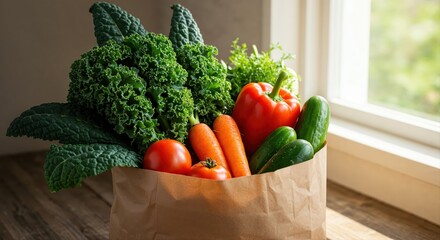 Freshness Unveiled: A brown paper bag overflows with a colorful assortment of fresh produce, bathed in natural light near window. Evoking healthy eating and sustainable living.