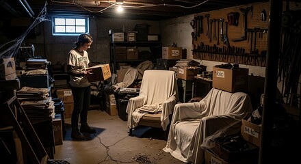 Woman Examining Box in Dimly Lit Basement Storage.