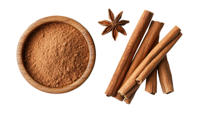 Ground cinnamon powder in wooden bowl with cinnamon sticks and star anise isolated on transparent background