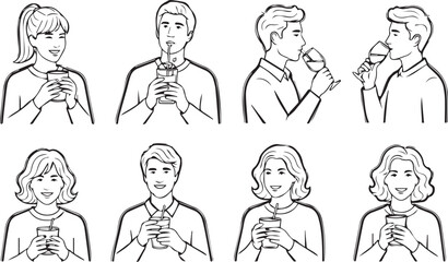 People Drinking Beverages Black and White Line Art Illustrations | Diverse Group of Men and Women Enjoying Various Drinks for Lifestyle Concepts, Social Media and Advertising