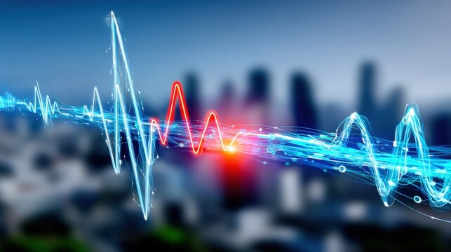 Dynamic sound waves visualization urban landscape digital art high-tech environment futuristic viewpoint concept of sound in motion