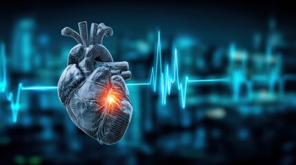 Heart health awareness campaign urban medical setting digital artwork neon environment close-up view cardiovascular concept for seo impact