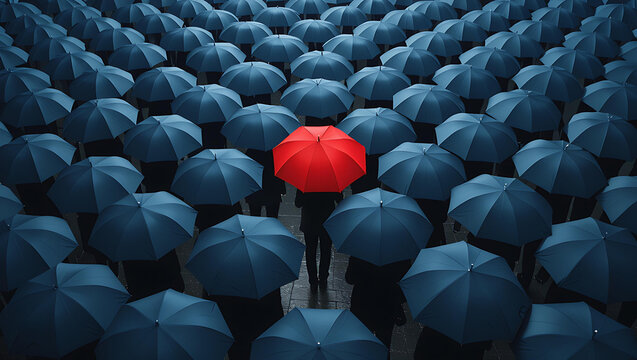 Stand out from the crowd with bold, vibrant individuality, and unique perspective, be different and noticeable in a sea of similar umbrellas