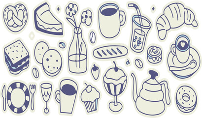 Food and Drink Doodle Icons: Coffee, Pastries, and Sweets Vector Illustration | Cute Hand-Drawn Graphics for Cafe Menu, Recipe, and Social Media Design