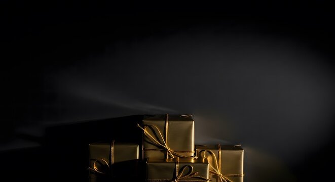 Epiphany, Elegant Gold Wrapped Gifts on Dark Background for Luxury Holiday