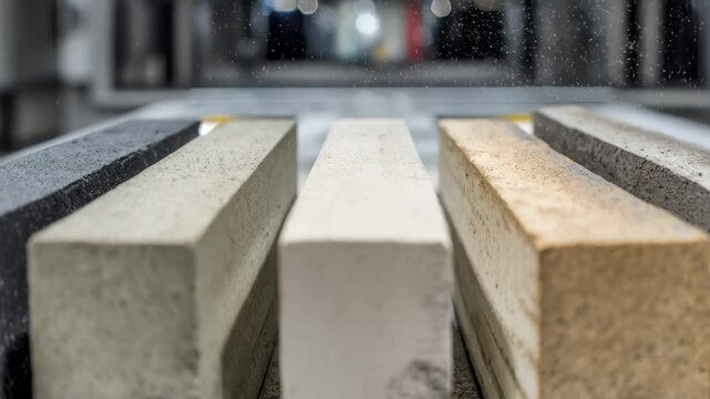 Medium shot of concrete samples undergoing compressive strength testing in a laboratory setting emphasizing durability analysis and quality control.