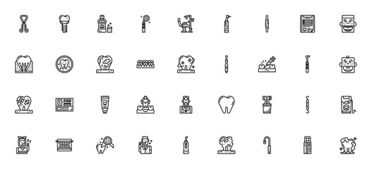 Dental icon set. Medical vector illustrations. Featuing dentist tools, teeth, mplant, toothbrush, toothpste, smile, checkup and moe. Editable stroke.