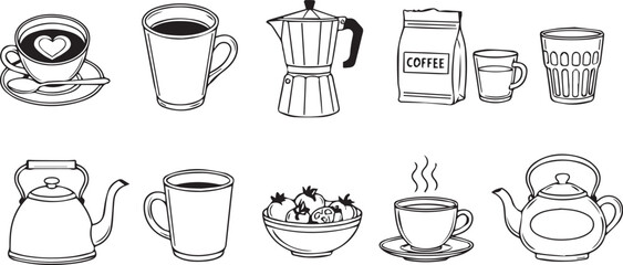 Collection of Black and White Outlined Coffee and Tea Vessels | Vector Illustration of Mugs, Pots, and Coffee Bag for Cafes and Drinkware Design