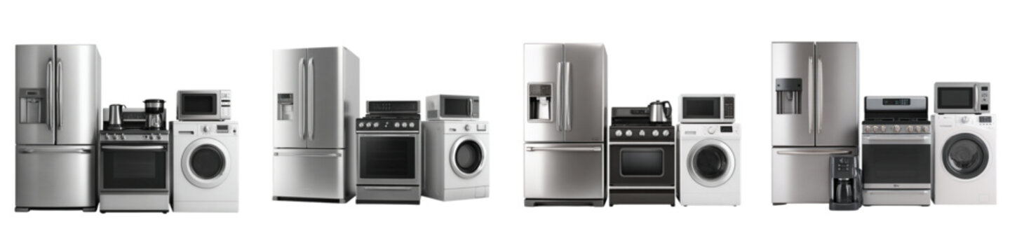 Modern stainless steel kitchen appliance collection, refrigerator, oven, microwave, and washing machine set for contemporary living spaces, promoting efficiency and style