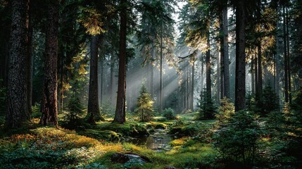 Fototapeta premium Forest with tall trees and sun rays shining through the canopy.