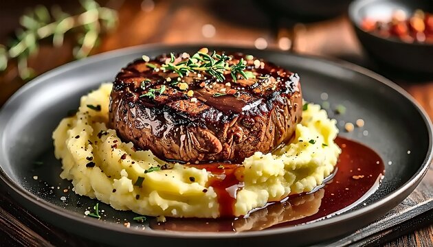 Gourmet Filet Mignon on Mashed Potatoes with Rich Sauce and Herb Garnish