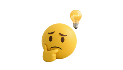 A realistic 3D thinking emoji with a pensive expression and a hand on its chin, a glowing lightbulb symbolizes a breakthrough idea