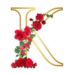 red and white roses K, initial, gold,