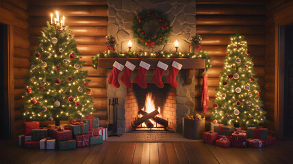 Fototapeta premium Cozy log cabin interior with a roaring fireplace, decorated christmas trees, and gifts, creating a warm holiday atmosphere