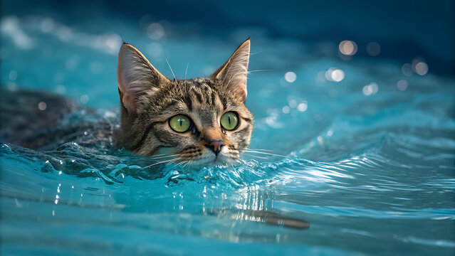 Adorable tabby cat swimming confidently in crystal clear turquoise water, capturing a moment of feline fun and aquatic adventure on a warm day