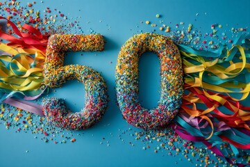 Colorful Celebration of 50th Birthday with Sprinkles and Ribbons