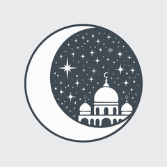 Crescent Moon Over Mosque and Stars.