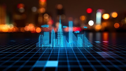 Futuristic neon hologram interface showing digital city construction. Modern architecture concept blending AI, augmented reality, and 3D visualization for urban planning, innovation.