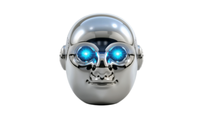 A gleaming, futuristic robot head with glowing blue eyes, symbolizing advanced technology and artificial intelligence