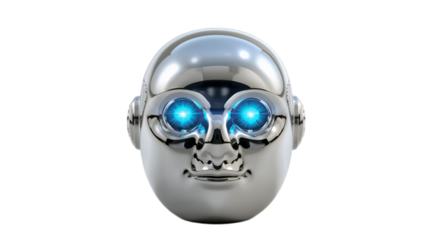 A gleaming, futuristic robot head with glowing blue eyes, symbolizing advanced technology and artificial intelligence