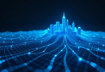 Futuristic neon hologram interface showing digital city construction. Modern architecture concept blending AI, augmented reality, and 3D visualization for urban planning, innovation.