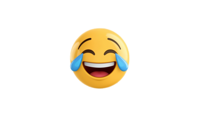 Vibrant 3D rendered yellow emoji icon with crinkled eyes, shedding joyful tears, embodying intense happiness, amusement, and a playful, lighthearted mood