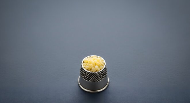 Epiphany, Isolated Shiny Metal Thimble Filled with Yellow Seeds on Gray Ba