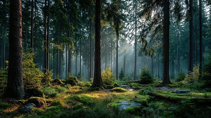 Obraz premium Forest with tall trees and green undergrowth illuminated by sunlight.