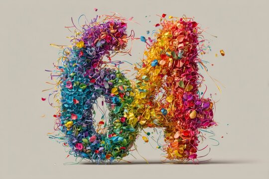 Vibrant Colorful Number 64 Made of Shredded Paper and Confetti