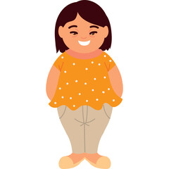 Brown Haired Woman Wearing Orange Blouse With White Polka Dots And Beige Pants Standing And Smiling With Arms Behind Her Back Against A White Background