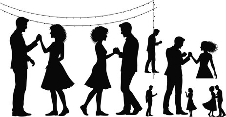 Silhouettes of dancing couples, romantic evening celebration, string lights ambiance, outdoor party mood, elegant dance poses, festive love scene, graceful movement