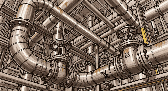 A complex industrial network of shiny metallic pipes and valves illustrates the intricate infrastructure of modern manufacturing and energy production.