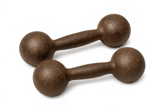 Two old cast iron dumbbells with a rustic, textured look useful for exercise, bodybuilding, and physical activity. Transparent background