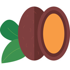Brown Fruit Cut in Half Revealing Orange Flesh and Green Leaves with Transparent Background Vector Illustration