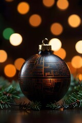 Black christmas ball with star wars logo on it and some lights.