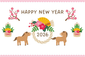 Fototapeta na wymiar かわいい午年の年賀状テンプレート。2026年、馬、正月、しめ縄