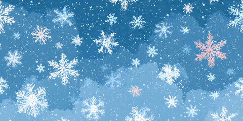 White snow falling on sky blue background seamless pattern. Flat style snowfall repeating texture for christmas greeting card or banner. Vector eps8 illustration.
