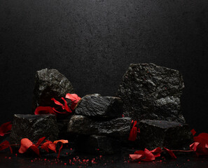 Dark red podium backdrop for cosmetics product presentation made of natural stones with texture