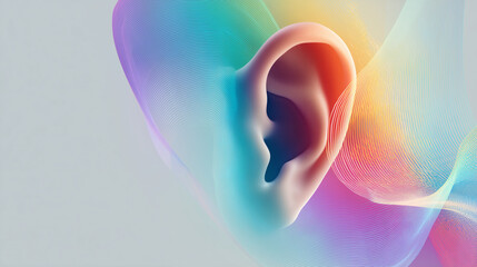 Close up of a human ear with colorful sound waves emanating from it