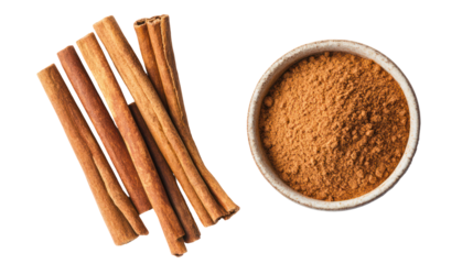 Cinnamon sticks and ground cinnamon in a bowl isolated on transparent background